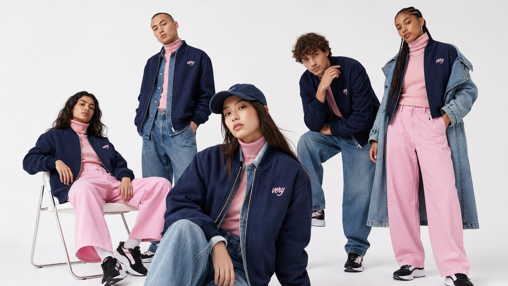 Grupo de cinco modelos usando looks Very en azul marino, denim y rosa.